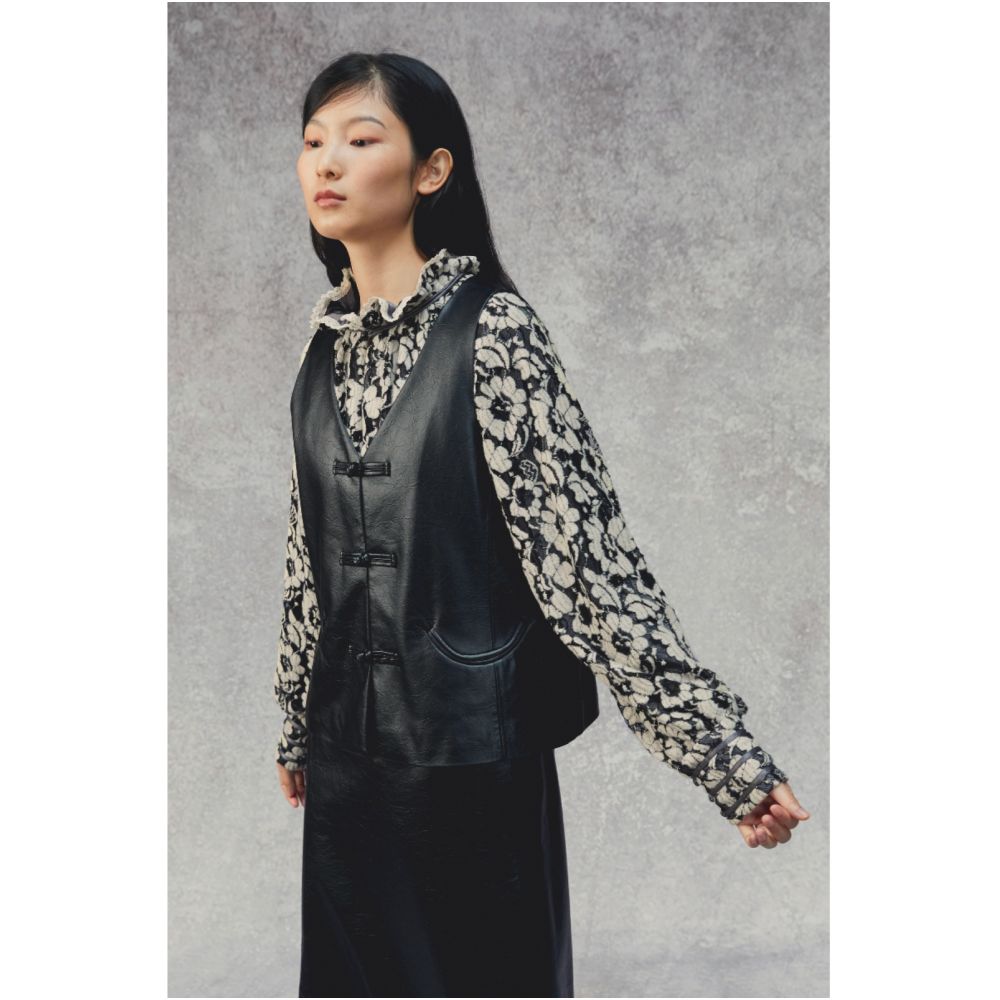 PaleBlueDot Blue Dot Original Design Gray Fur Lace Petal Pullover New Chinese Shirt image 3