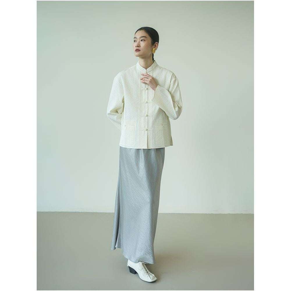 PaleBlueDot Original Design New Chinese White Stripe Button Quilted Shirt Autumn Winter image 3