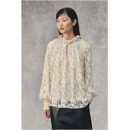 Asaya1361 - PaleBlueDot Blue Dot Original Design Beige Hairy Lace Petal Pullover Chinese Shirt Shirt Winter
