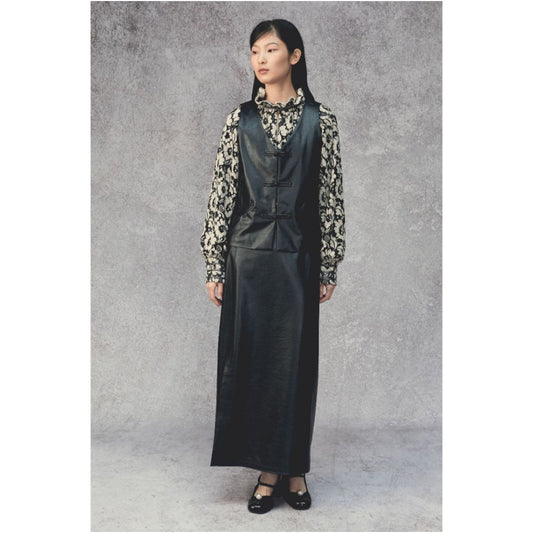 Asaya1359 - Blue Dot Folding Original Designer Black Leather Eco friendly Leather New Chinese Sleeveless Vest Autumn Winter