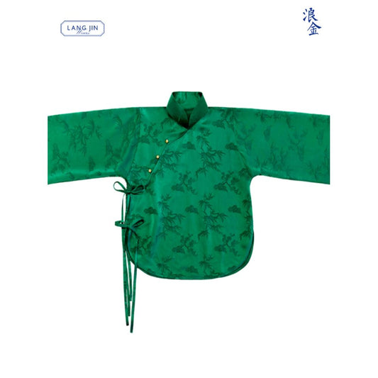 Asaya1351 - Women s cheongsam top with stand up collar jacquard pattern and side ties Chinese retro shirt summer green oblique lapel langjin gold