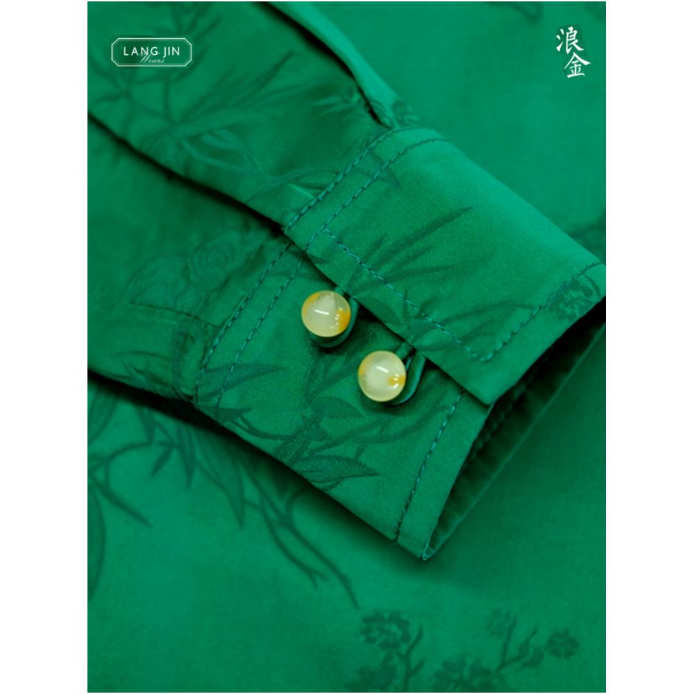 Stand up collar side slit dress silk jacquard long sleeved waist cinching tie H shaped long skirt children s style langjin gold image 2