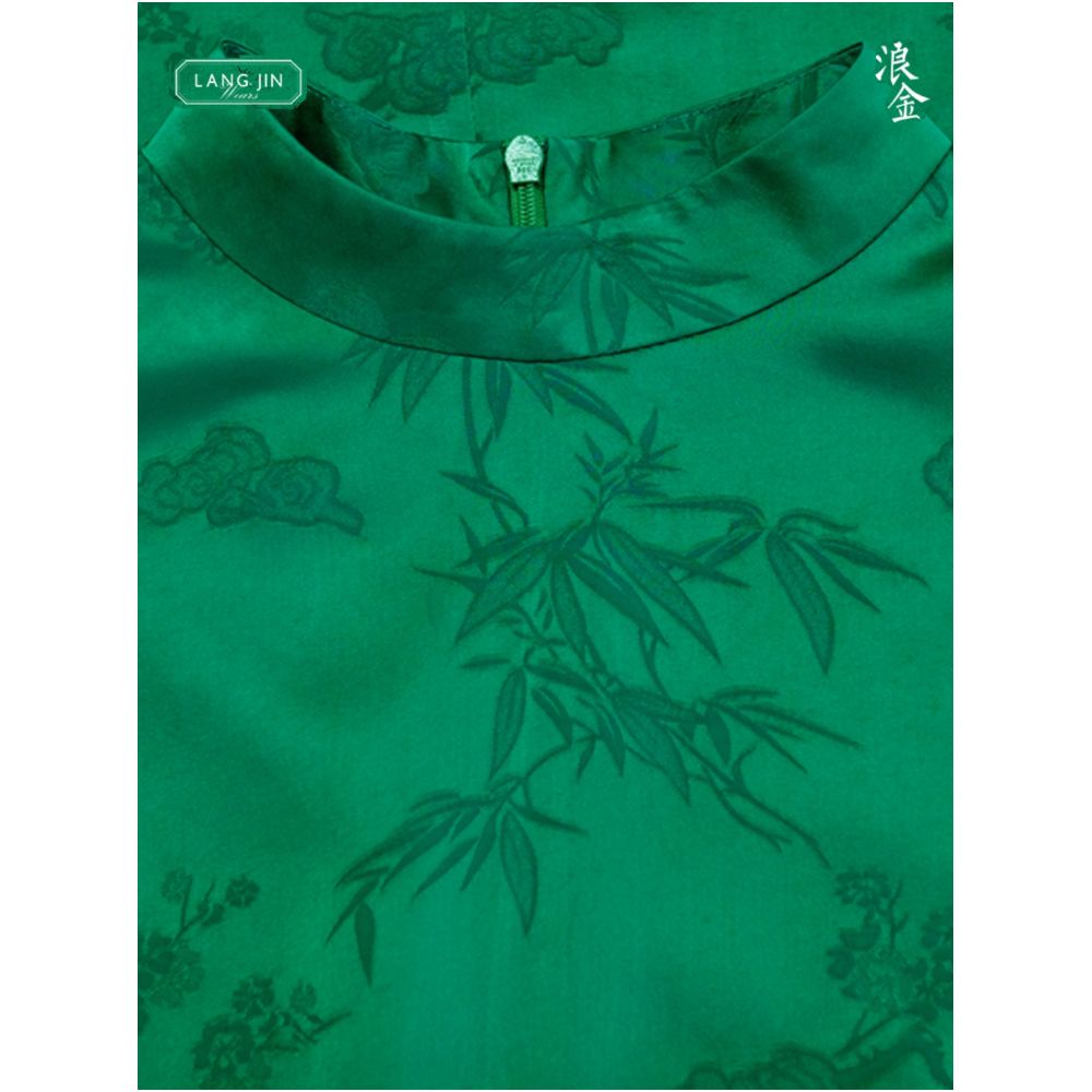 Stand up collar side slit dress silk jacquard long sleeved waist cinching tie H shaped long skirt children s style langjin gold image 3