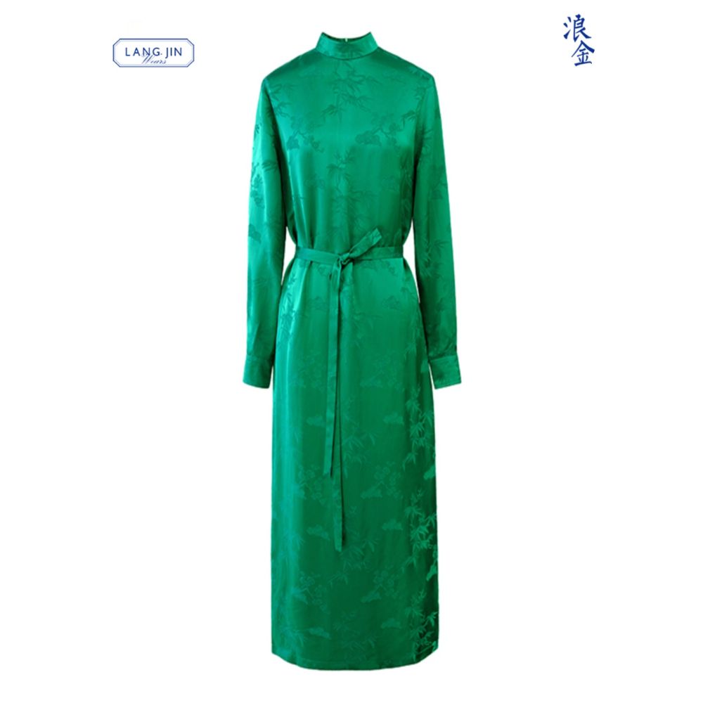Stand up collar side slit dress silk jacquard long sleeved waist cinching tie H shaped long skirt children s style langjin gold image 11