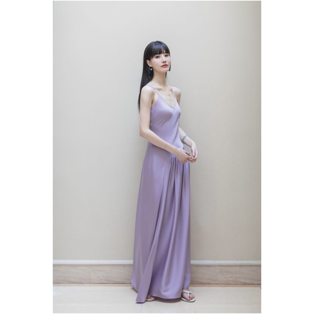 SAKINAWANG22 Summer Original Silk Double Joss Satin Pleated Large Swing V Neck Slim Suspender Dress Long Skirt image 2