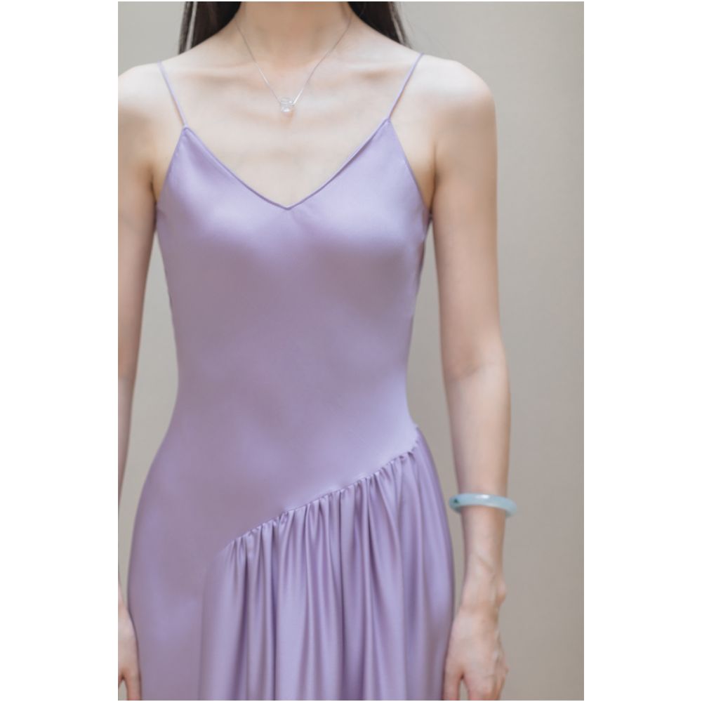 SAKINAWANG22 Summer Original Silk Double Joss Satin Pleated Large Swing V Neck Slim Suspender Dress Long Skirt image 3