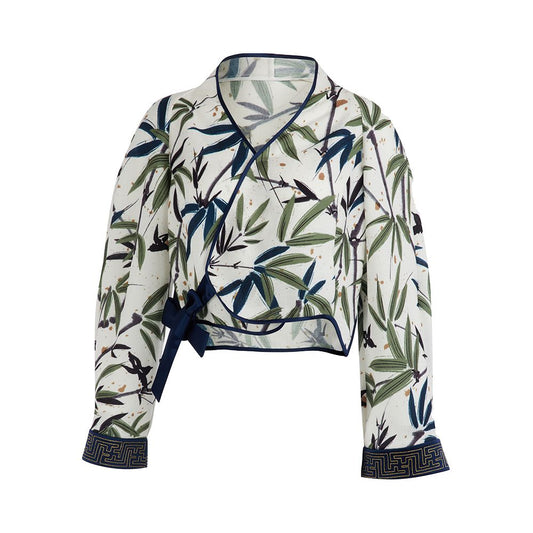 Asaya1317 - Celebrity style flower and tree deep vinegar Chinese style bamboo leaf top Chinese style improved Hanfu diagonal collar women s coat
