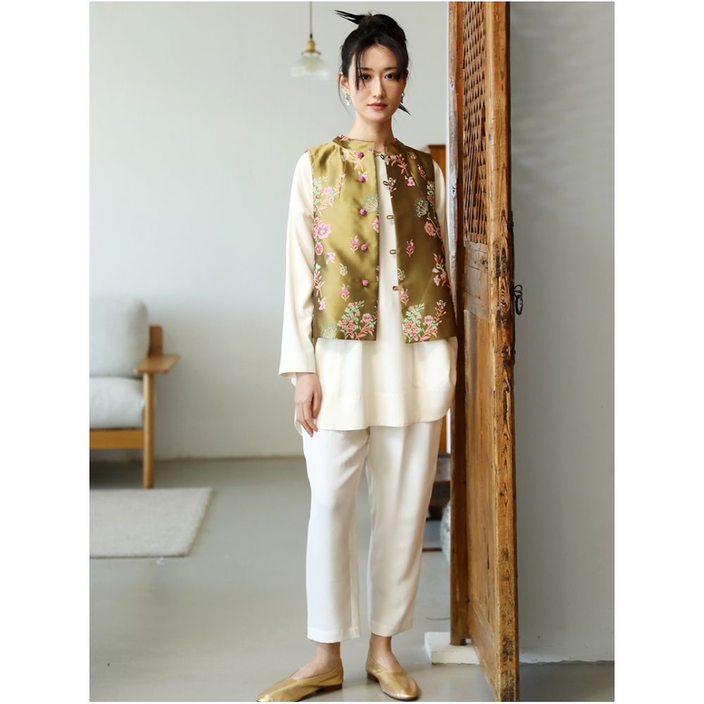 Taozhi Yaoyao 2025 Spring Flower Blossoms Splendid Gold Powder Weaving Jacquard Chinese Artistic Vest Shoulder image 1