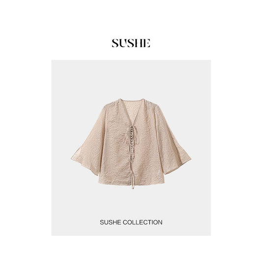 Asaya1204 - wrinkled elegant trumpet sleeve V-neck cardigan jacket