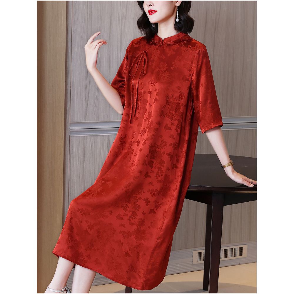 Mom s dress wedding banquet mother in law s dress new style summer wedding high end silk mulberry silk red cheongsam dress image 1