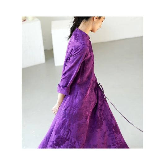 Asaya1166 -  Azi jacquard flower purple color long-sleeved dress