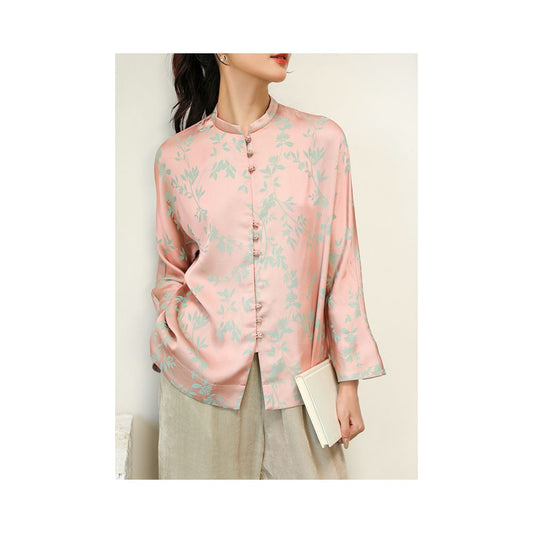 Asaya1163 - Tao Zhiyao China Chic New Chinese Autumn  Huaying Commuting Literature and Art Acetic Acid Jacquard Stand Collar Long Sleeve Shirt Type A
