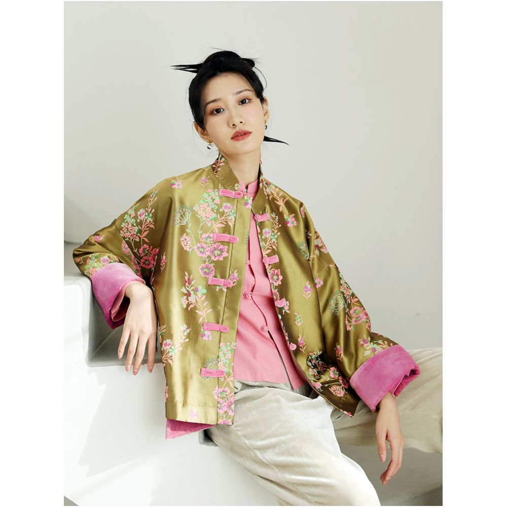 Taozhi Yaoyao 2025 Spring Flower Blossoms Splendid Spring Chinese Gold Jacquard Coat Spring Long Sleeve image 4