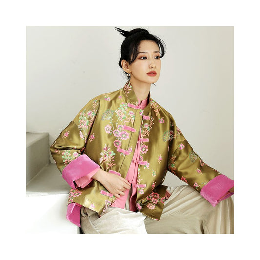 Asaya1162 - Taozhi Yaoyao 2025 Spring Flower Blossoms Splendid Spring Chinese Gold Jacquard Coat Spring Long Sleeve