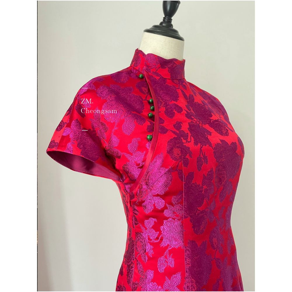 Wonderful new Chinese style love jincui silk jacquard rose red brocade improved cheongsam wedding toast dress image 5