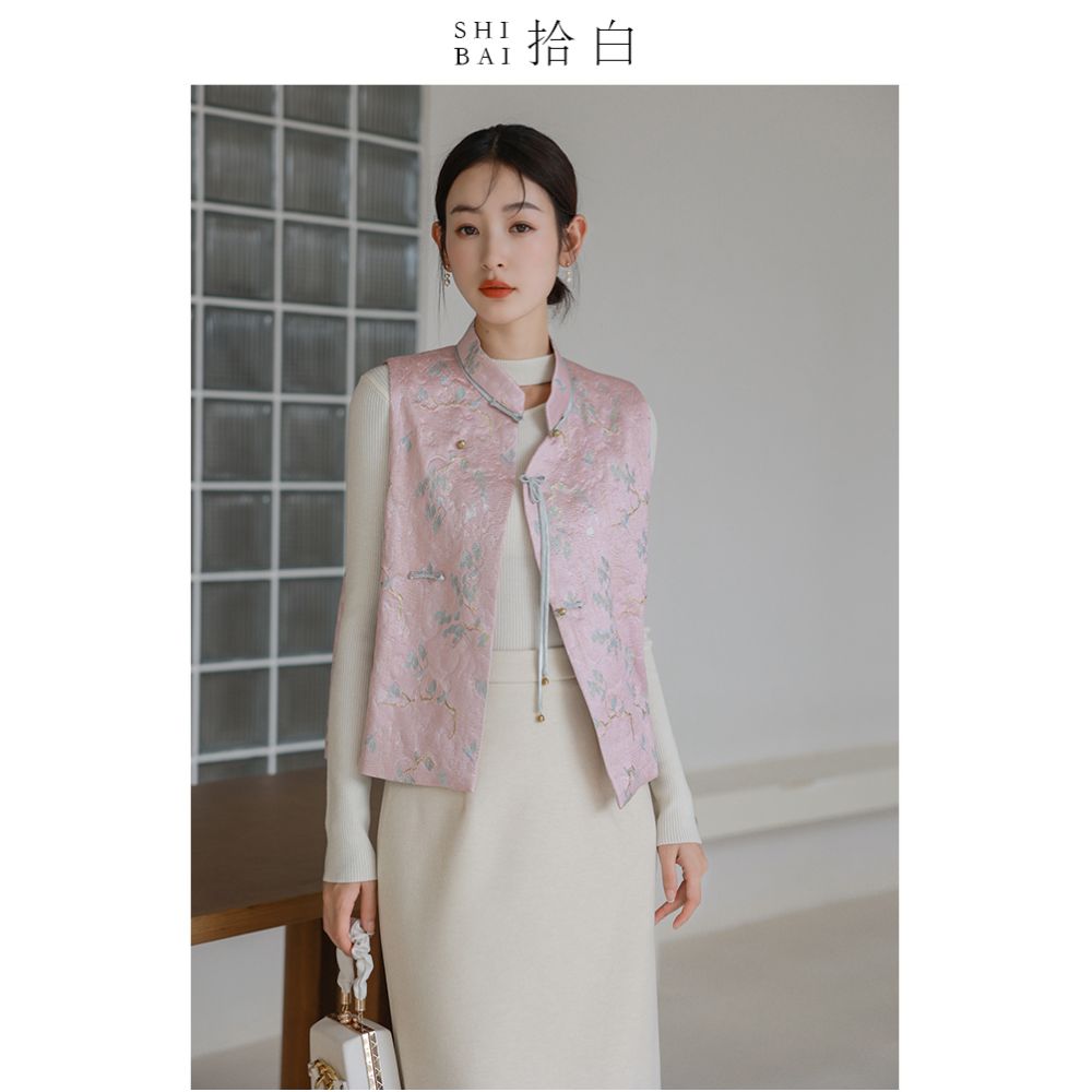 SHIBAI White Collection New Chinese Original Spring and Autumn Daily Improvement National Style Tang Costume Jacquard Standing Collar Horse Clip Short Coat for Women image 2