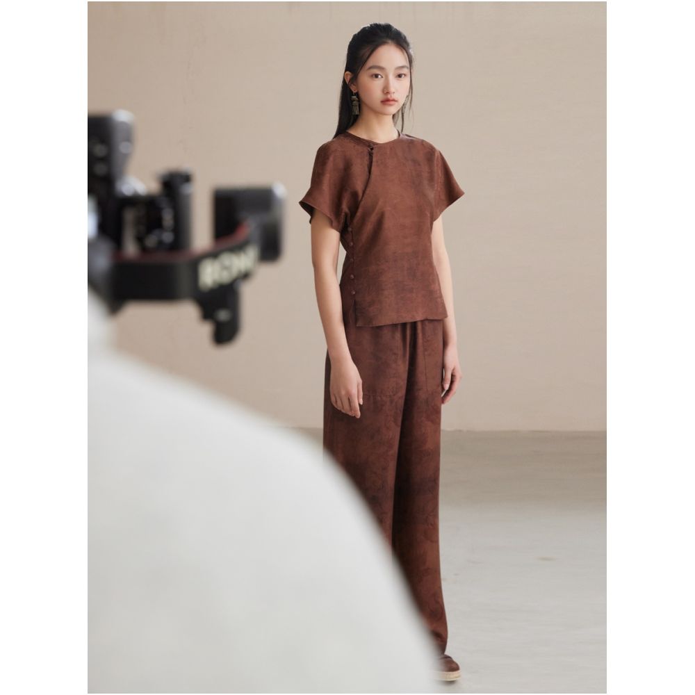 100 mulberry silk dragon patterned Xiangyun yarn Reversible straight leg pants and Chinese style top image 10