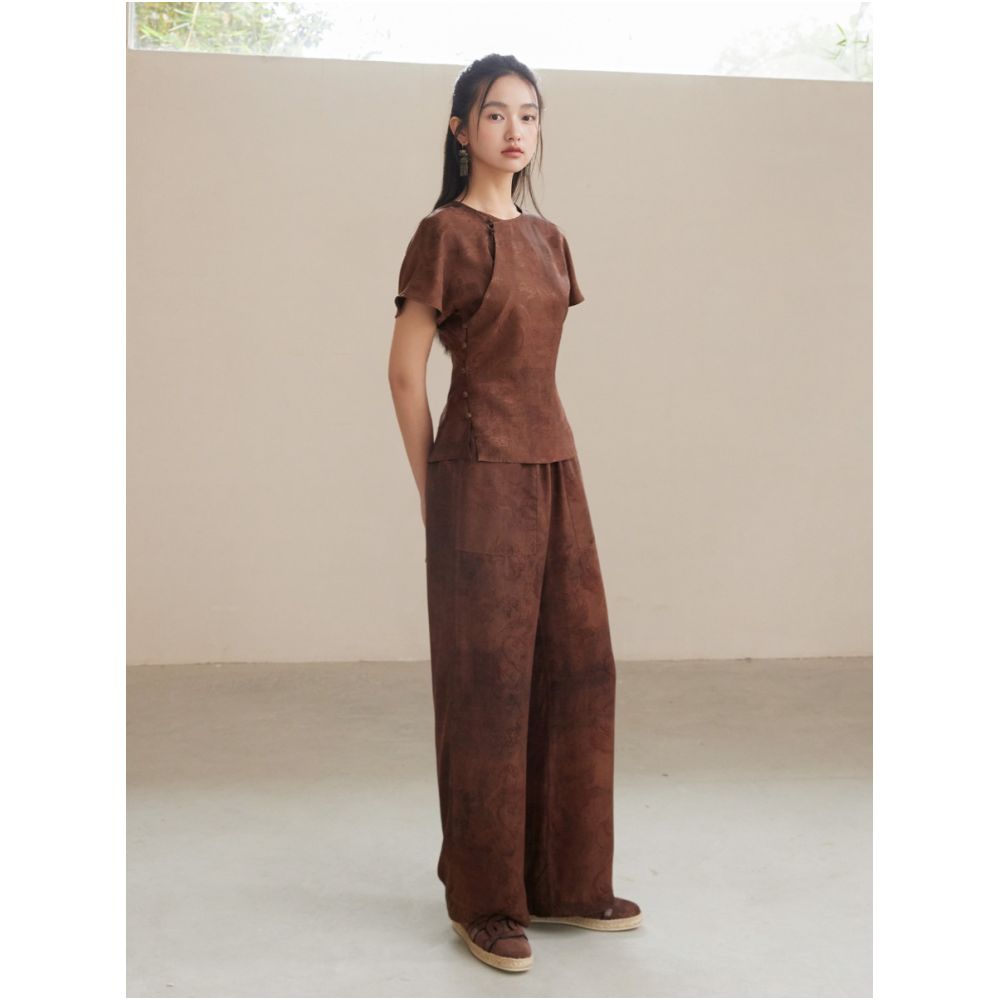 100 mulberry silk dragon patterned Xiangyun yarn Reversible straight leg pants and Chinese style top image 11