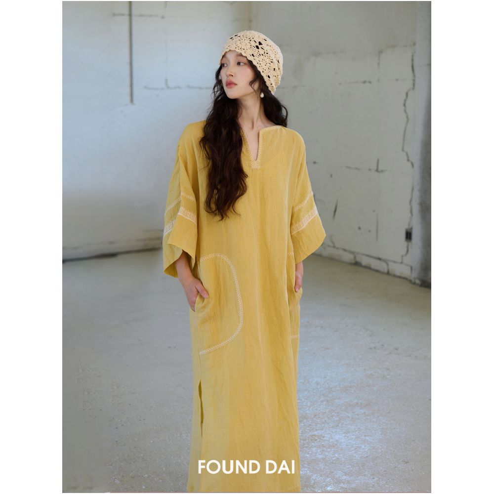 50 hemp and 50 linen geometric embroidery loose robe dress image 2