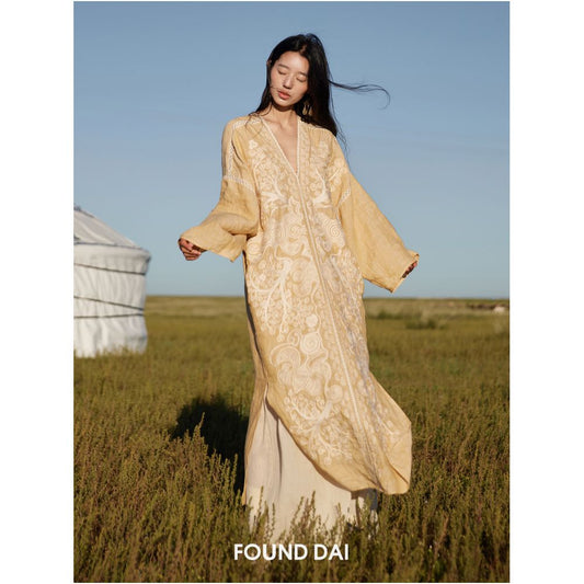 ASAYA4802 – Golden Horizon Embroidered Linen Dress 🌾☀️