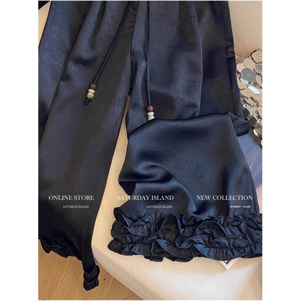 Plus size 300 pounds Japanese retro patchwork black fungus border pattern drawstring wide leg pants for men and women acetate satin pants image 3