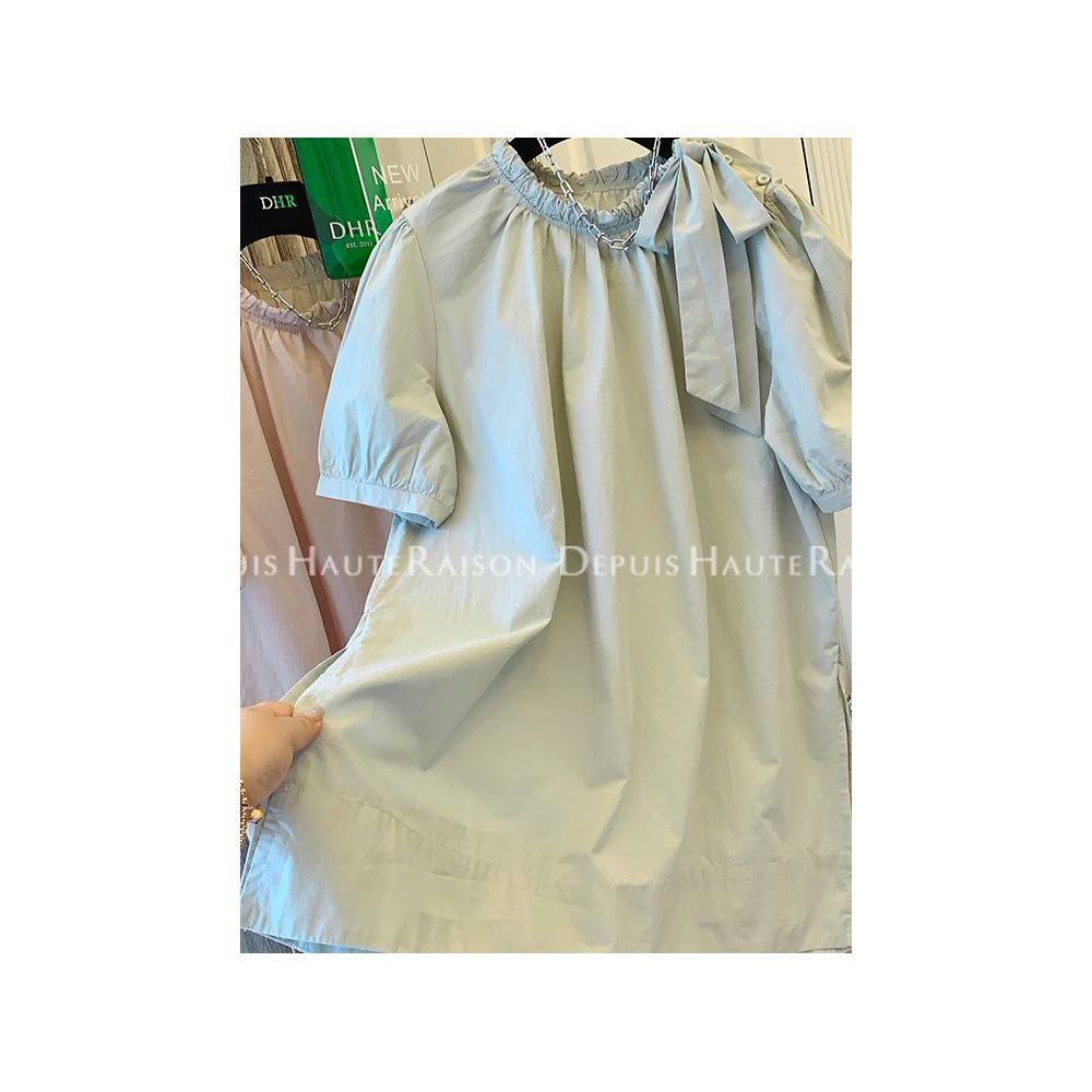 Size up 300 pounds bow tie tied short sleeved shirt top for men s summer new loose half sleeved doll shirt ins image 2