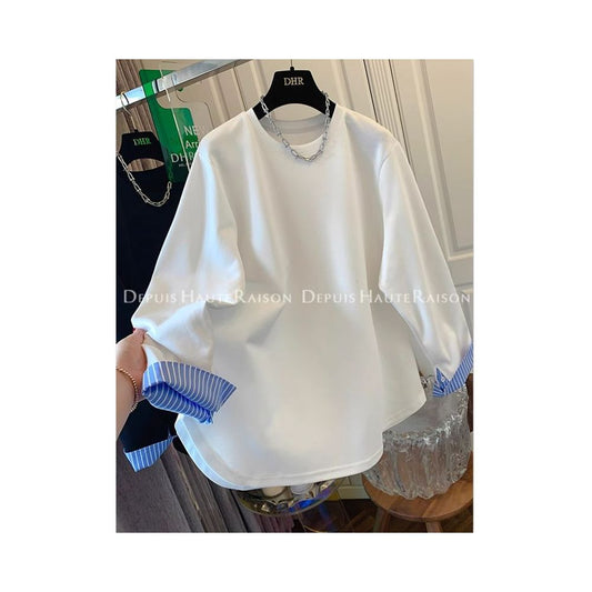 ASAYA4852 – Striped Cuff Chic Blouse ⚪️⚫️💙
