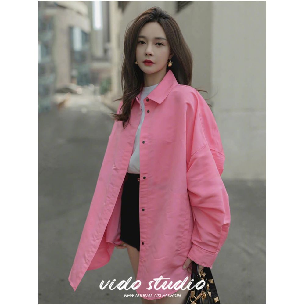 Shen Mengchen s same pink long sleeved shirt for women with a niche design loose and lazy silhouette top thin jacket for spring and autumn image 5