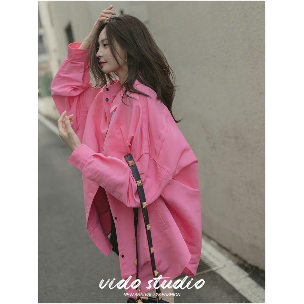 Shen Mengchen s same pink long sleeved shirt for women with a niche design loose and lazy silhouette top thin jacket for spring and autumn image 0