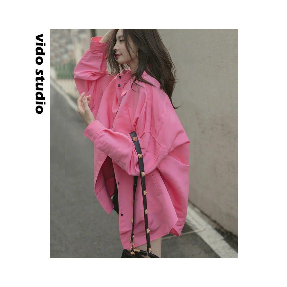 Asaya1079 - Shen Mengchen s same pink long sleeved shirt for women with a niche design loose and lazy silhouette top thin jacket for spring and autumn