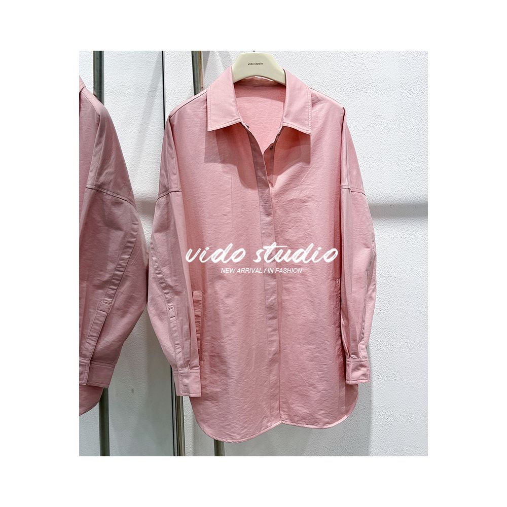 Shen Mengchen s same pink long sleeved shirt for women with a niche design loose and lazy silhouette top thin jacket for spring and autumn image 11