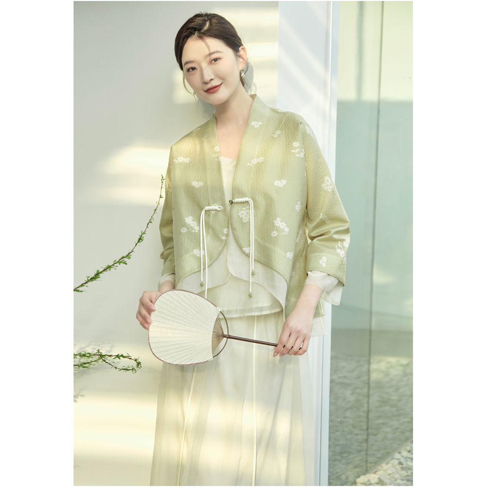 Mountain Colored Spring and Summer New Chinese Women s Clothing Improvement Hanfu Double breasted Jacquard National Style Coat Zen Tea Clothing Plate Button Top image 2