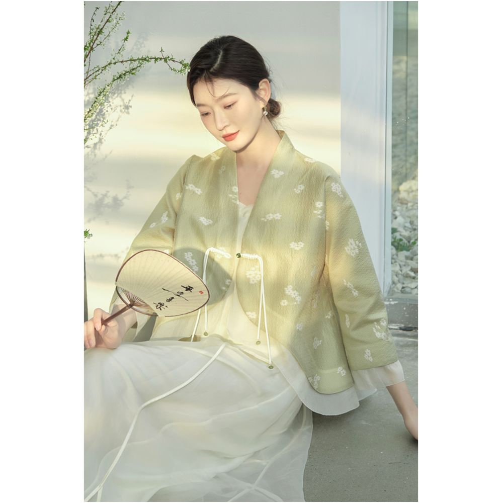Mountain Colored Spring and Summer New Chinese Women s Clothing Improvement Hanfu Double breasted Jacquard National Style Coat Zen Tea Clothing Plate Button Top image 3