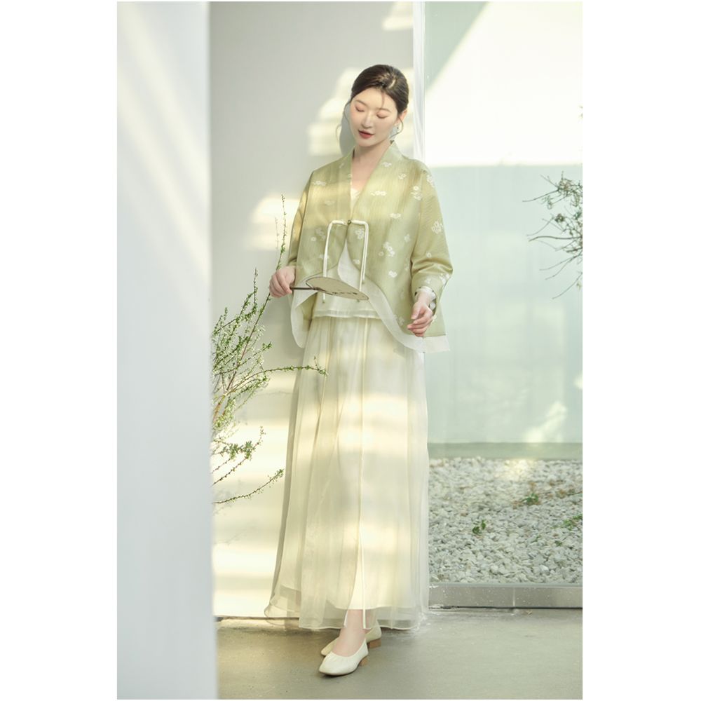 Mountain Colored Spring and Summer New Chinese Women s Clothing Improvement Hanfu Double breasted Jacquard National Style Coat Zen Tea Clothing Plate Button Top image 5