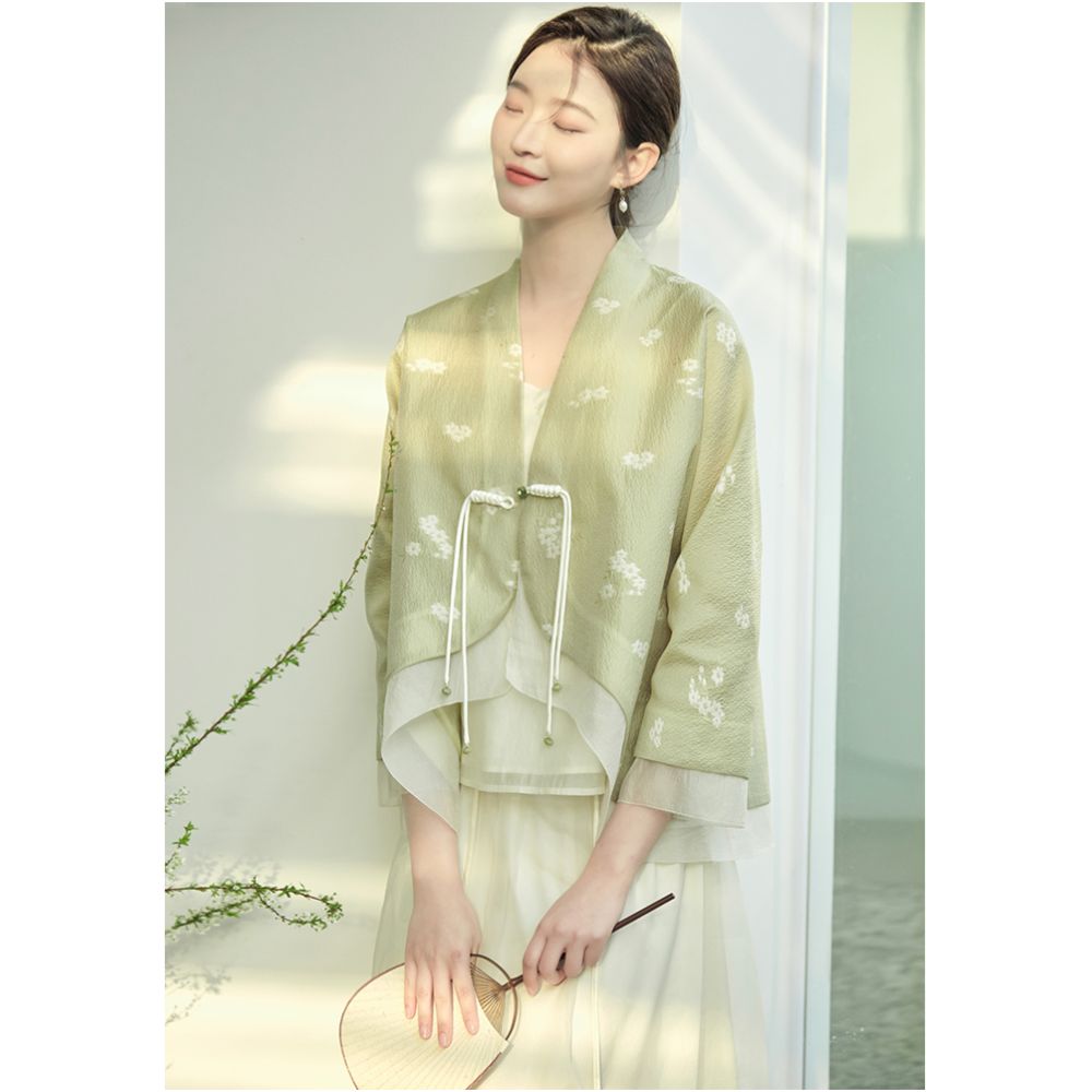 Mountain Colored Spring and Summer New Chinese Women s Clothing Improvement Hanfu Double breasted Jacquard National Style Coat Zen Tea Clothing Plate Button Top image 0