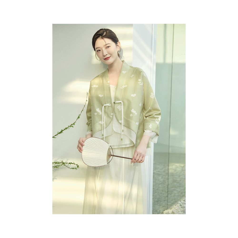 Asaya1064 - Mountain Colored Spring and Summer New Chinese Women s Clothing Improvement Hanfu Double breasted Jacquard National Style Coat Zen Tea Clothing Plate Button Top