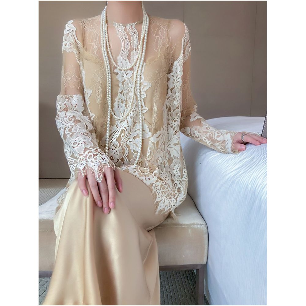 VB Homemade Authentic Lace Hoodie Bottom Shirt Sunscreen Lace Top Women s Long Sleeve Hollow T shirt Sexy Interior image 5