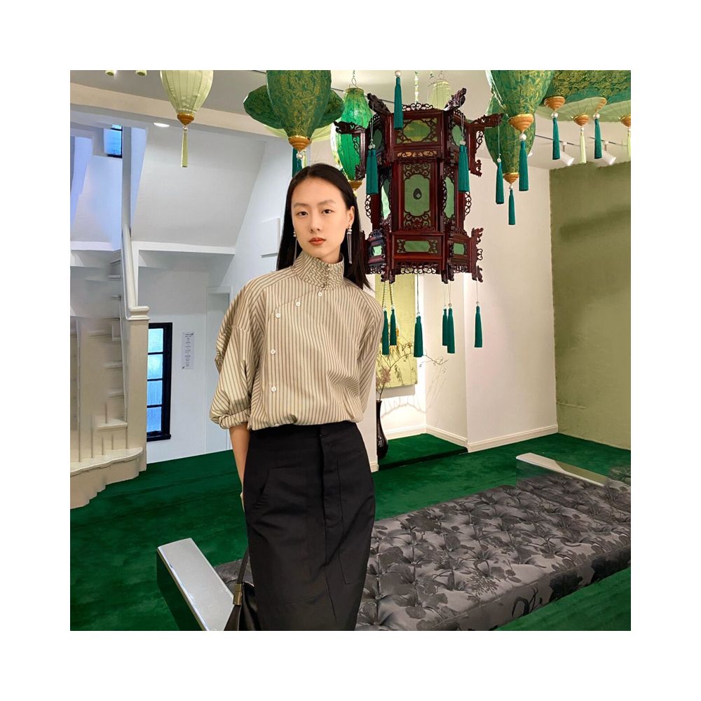 New Chinese style design commuting buckle half high collar diagonal collar striped shirt with cuffs and tie up shirt top for spring and summer new styles image 2