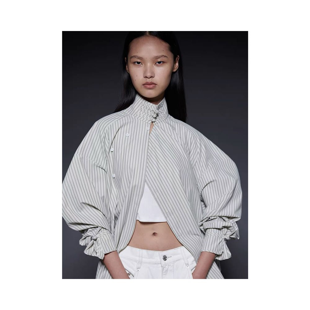 New Chinese style design commuting buckle half high collar diagonal collar striped shirt with cuffs and tie up shirt top for spring and summer new styles image 3