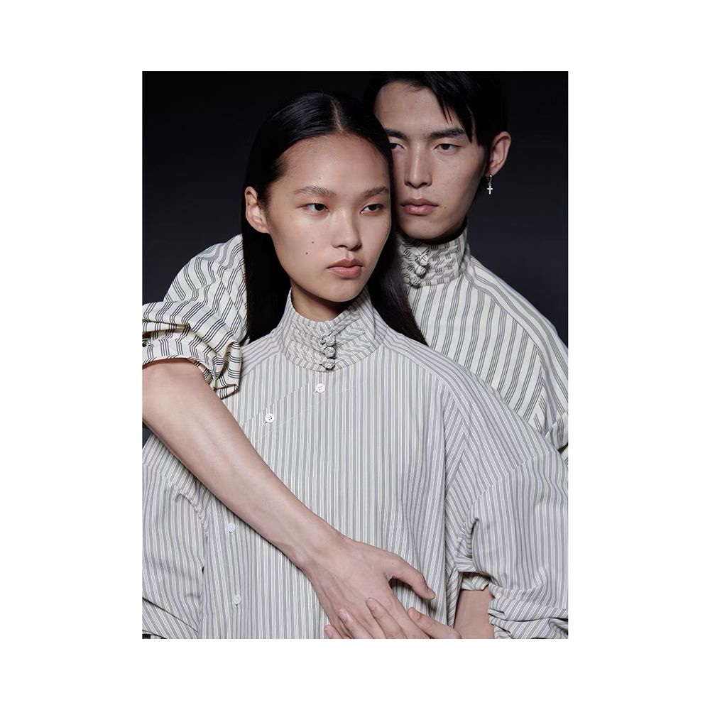 New Chinese style design commuting buckle half high collar diagonal collar striped shirt with cuffs and tie up shirt top for spring and summer new styles image 4