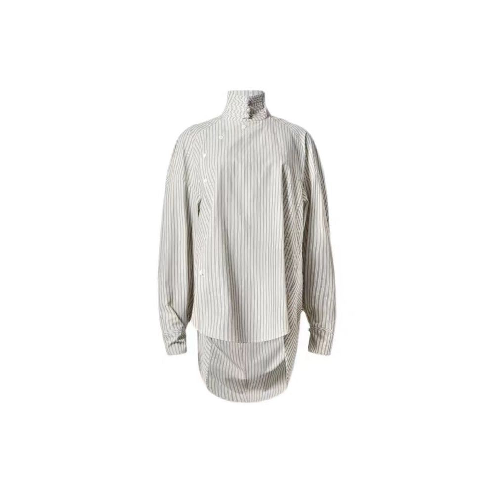 New Chinese style design commuting buckle half high collar diagonal collar striped shirt with cuffs and tie up shirt top for spring and summer new styles image 5