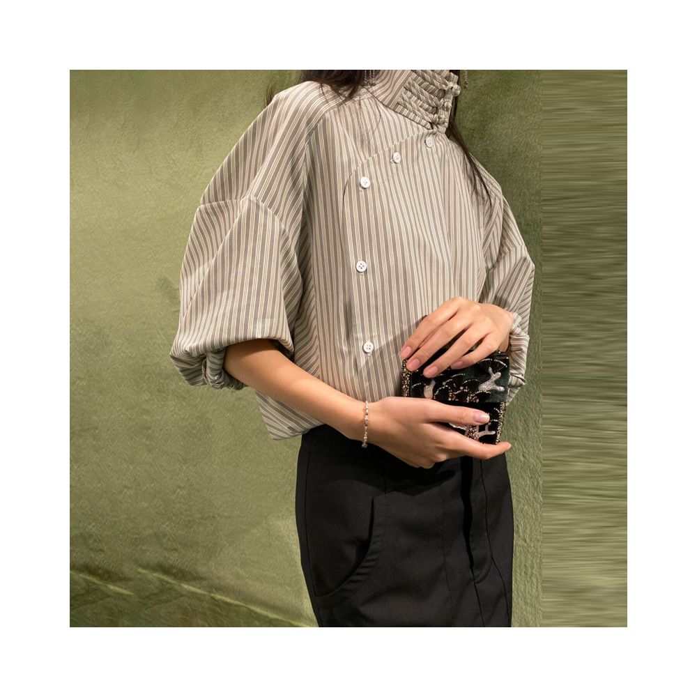 New Chinese style design commuting buckle half high collar diagonal collar striped shirt with cuffs and tie up shirt top for spring and summer new styles image 9