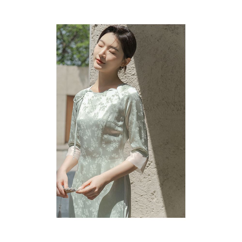 Shan colored early spring new women s clothing Chinese style retro green round neck high end acetate satin jacquard Aude top image 3