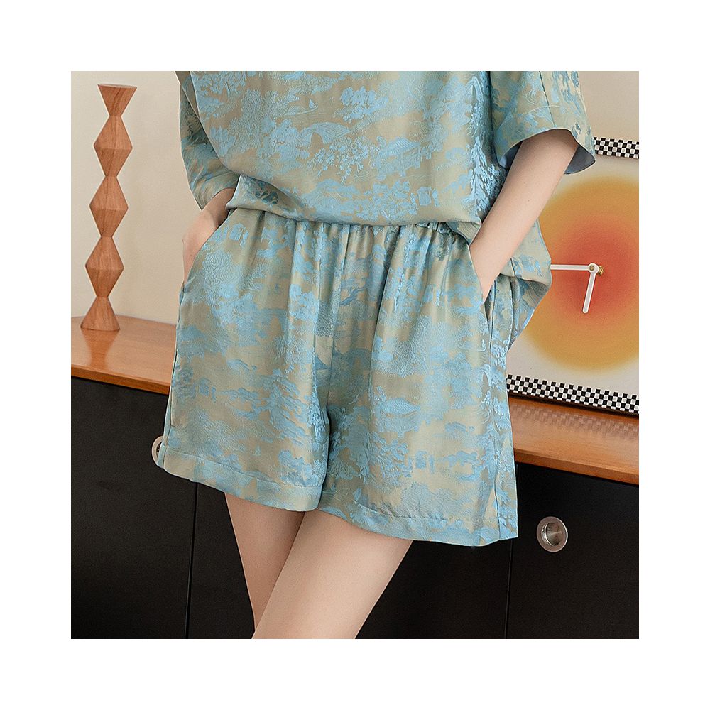 Retro silk jacquard Chinese style set women s summer and western style fashion short sleeved top high waisted shorts mulberry silk two piece set image 16