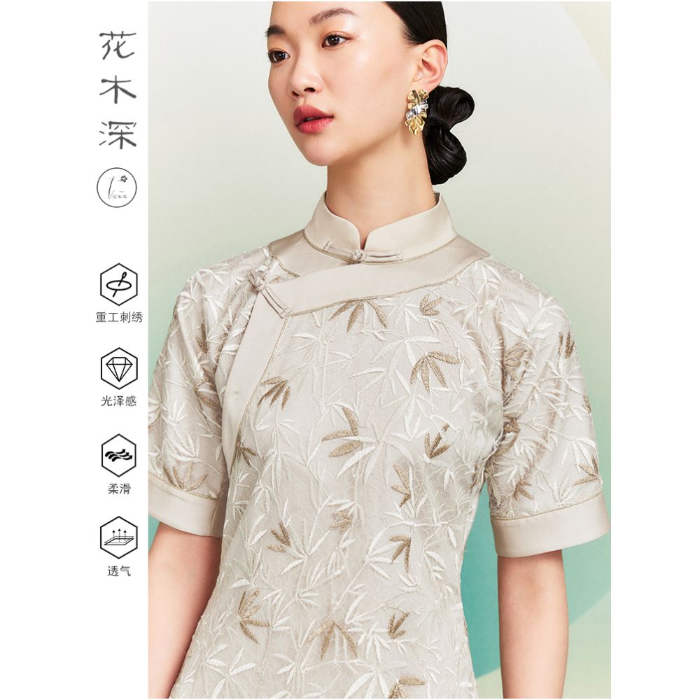 Republic of China style replica of ancient flat cut cheongsam women s flower and tree deep flat shoulder Chinese standing collar bamboo leaf embroidery short sleeved dress image 3