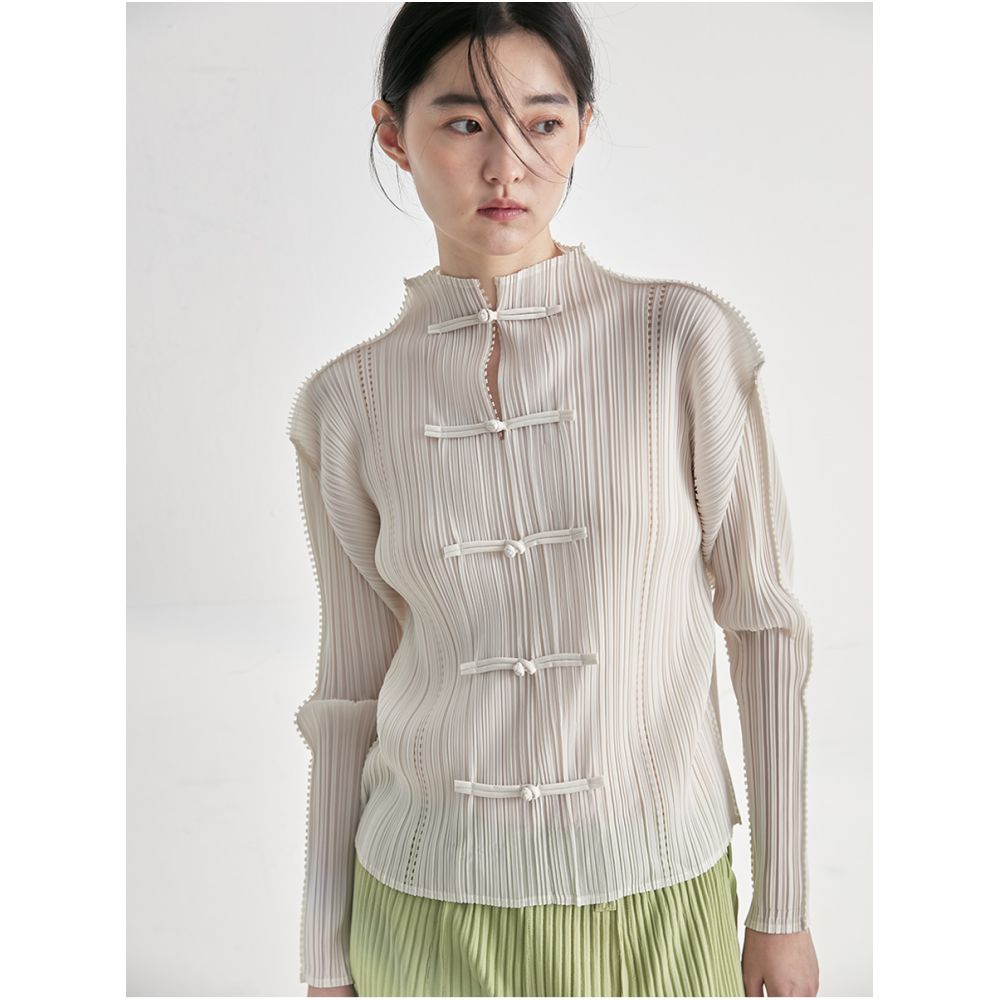 Whitecube early spring long sleeved shirt laser engraved three house style pleated new Chinese style button down shirt top for women image 1