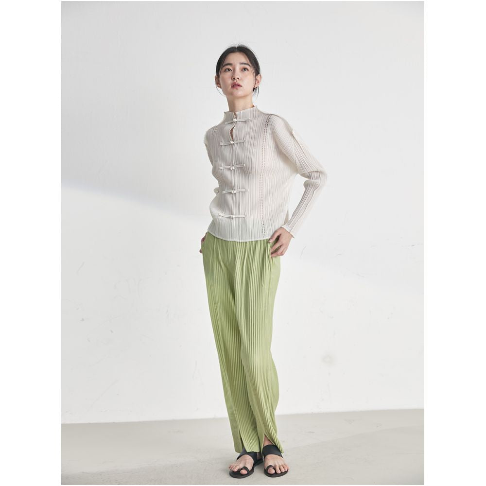 Whitecube early spring long sleeved shirt laser engraved three house style pleated new Chinese style button down shirt top for women image 3