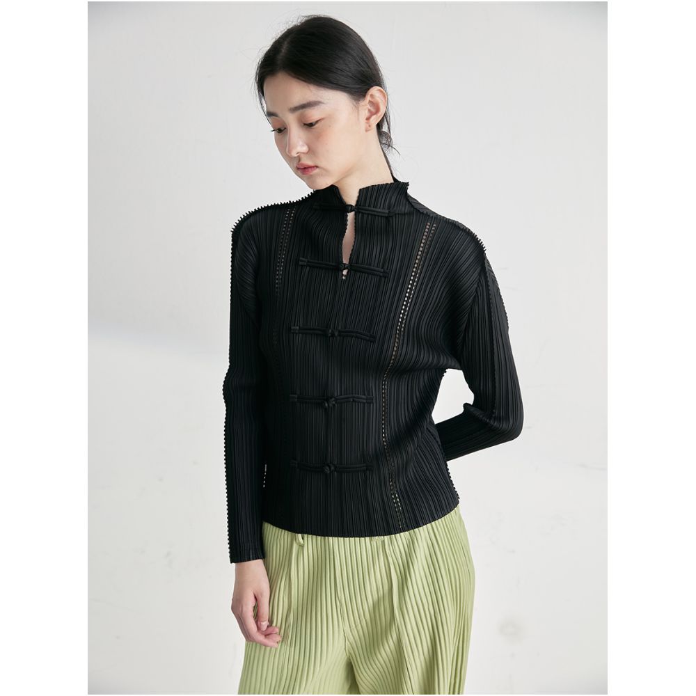 Whitecube early spring long sleeved shirt laser engraved three house style pleated new Chinese style button down shirt top for women image 4