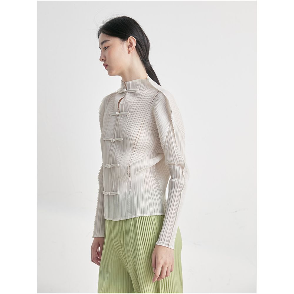 Whitecube early spring long sleeved shirt laser engraved three house style pleated new Chinese style button down shirt top for women image 5