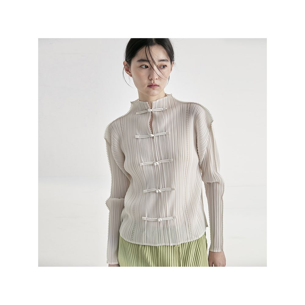 Whitecube early spring long sleeved shirt laser engraved three house style pleated new Chinese style button down shirt top for women image 6